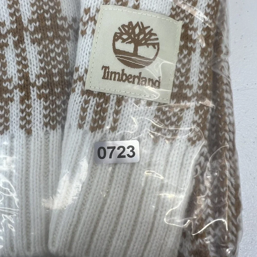 Timberland Scarf Knit Plaid Tan White Acrylic Winter Outdoor Logo Patch Street